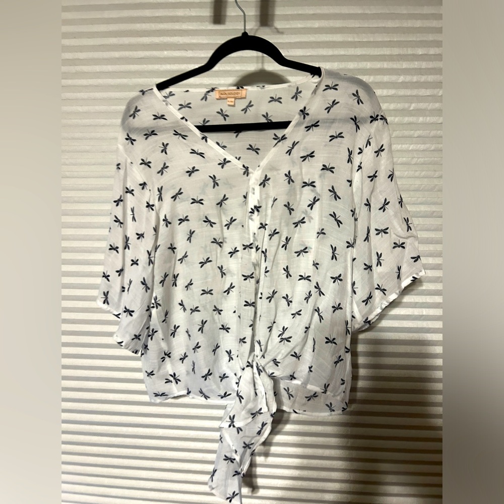 EUc White and Blue Dragonfly Short Sleeve Blouse Large